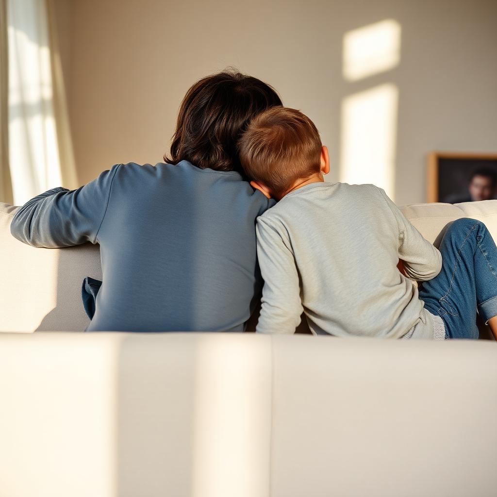Un parent et son enfant assis côte à côte, moment de dialogue apaisé après l'annonce d'une séparation — psychothérapeute à Nice et Saint-Laurent-du-Var