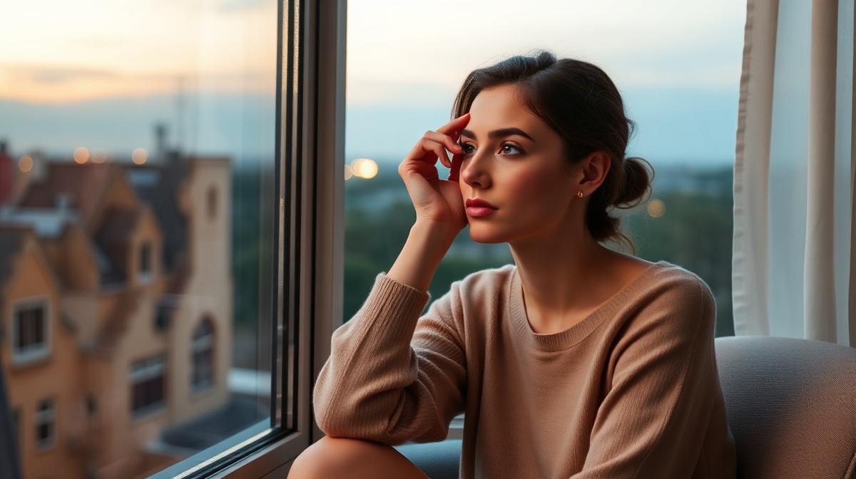 Femme pensive devant une fenêtre au crépuscule, illustrant la charge mentale - psychothérapeute à Nice et Saint-Laurent-du-Var