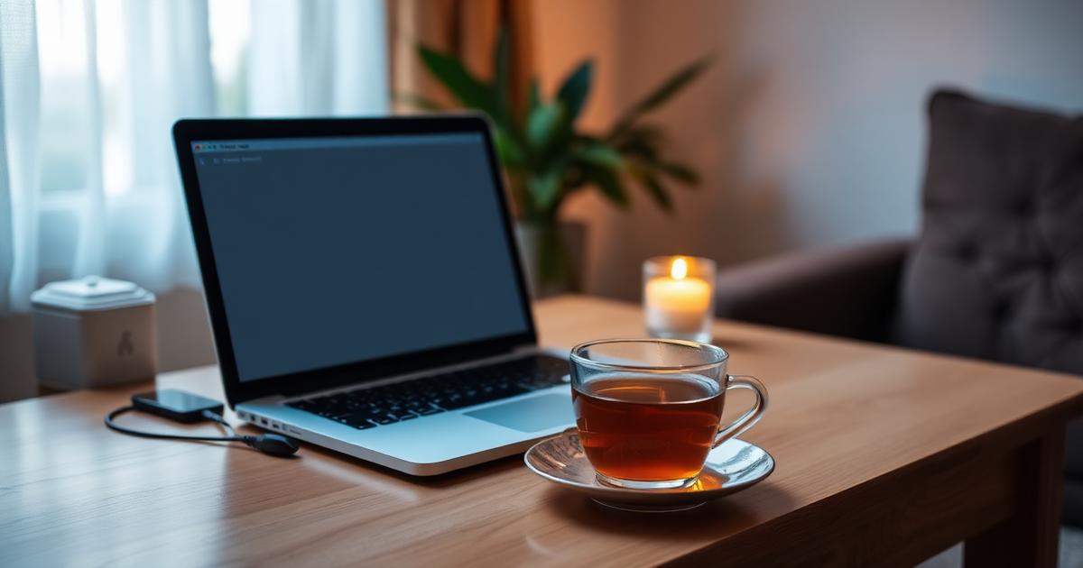 Ordinateur portable et tasse de thé - prise de rendez-vous en ligne pour psychothérapie à Nice et Saint-Laurent-du-Var