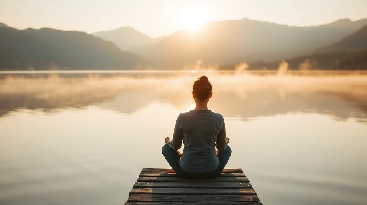 Personne assise au bord d'un lac au lever du soleil pratiquant la régulation du système nerveux - psychothérapeute à Nice et Saint-Laurent-du-Var